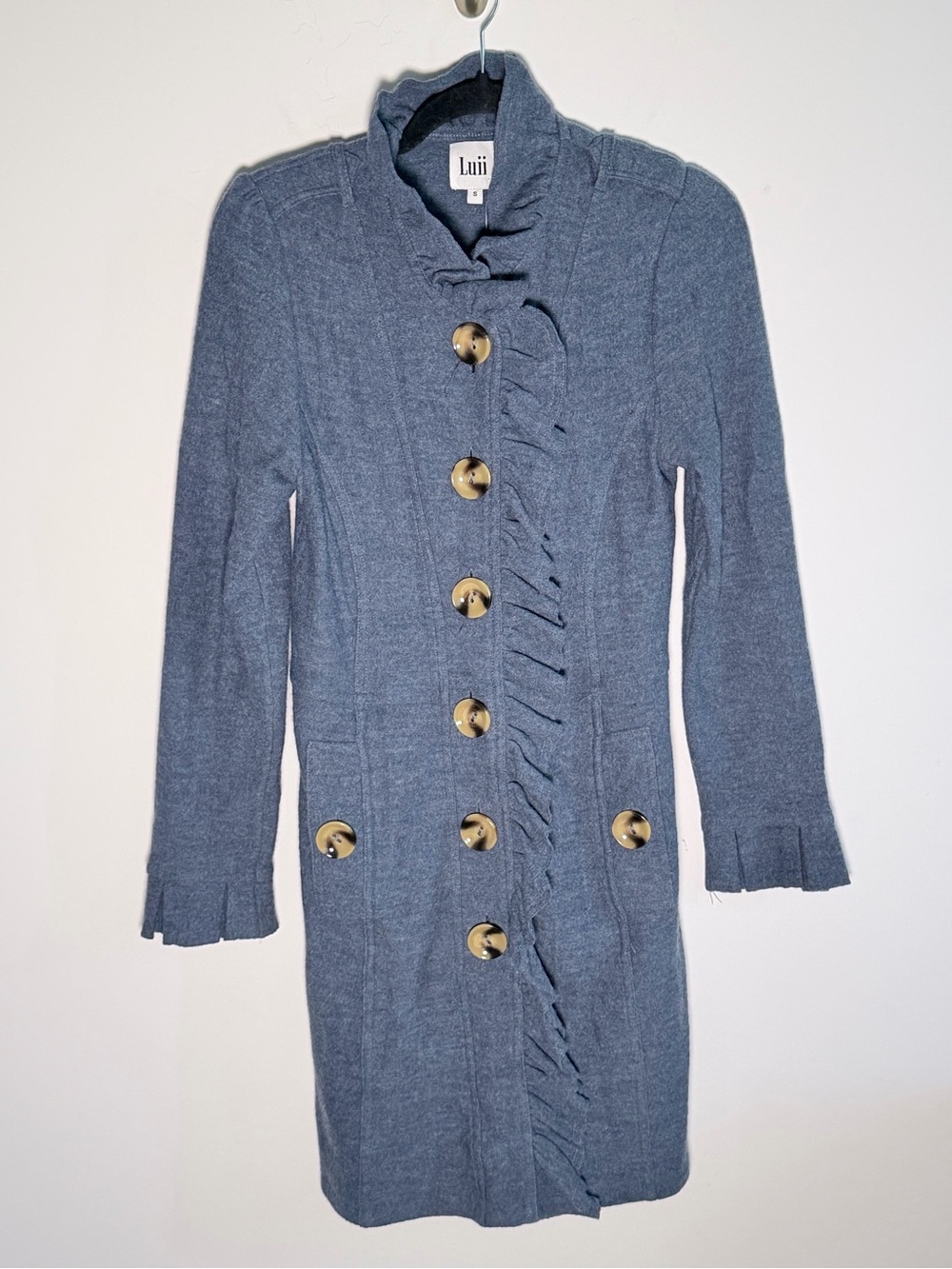 Luii Anthropologie Slate Blue Ruffle-Front 100% Wool Sweater Coat